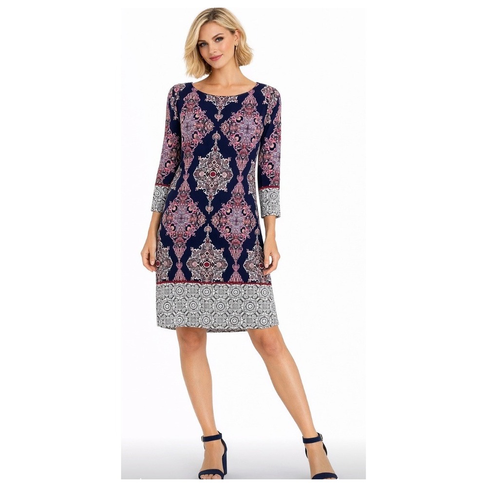 London Times Sheath Dress Womens 8 Navy Blue Pink Medallion 3/4 Sleeve Excellent